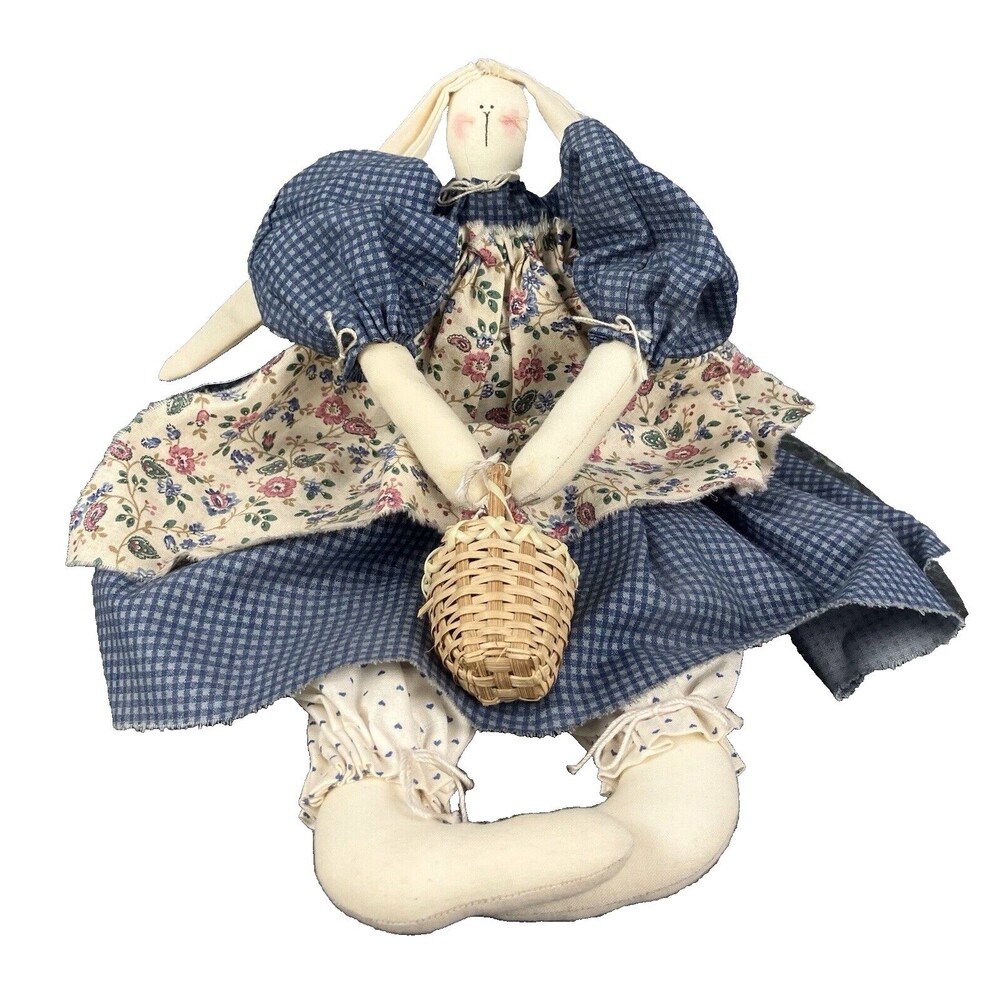 Primitive 12" Bunny Doll Gingham Dress Floral Apron With Basket